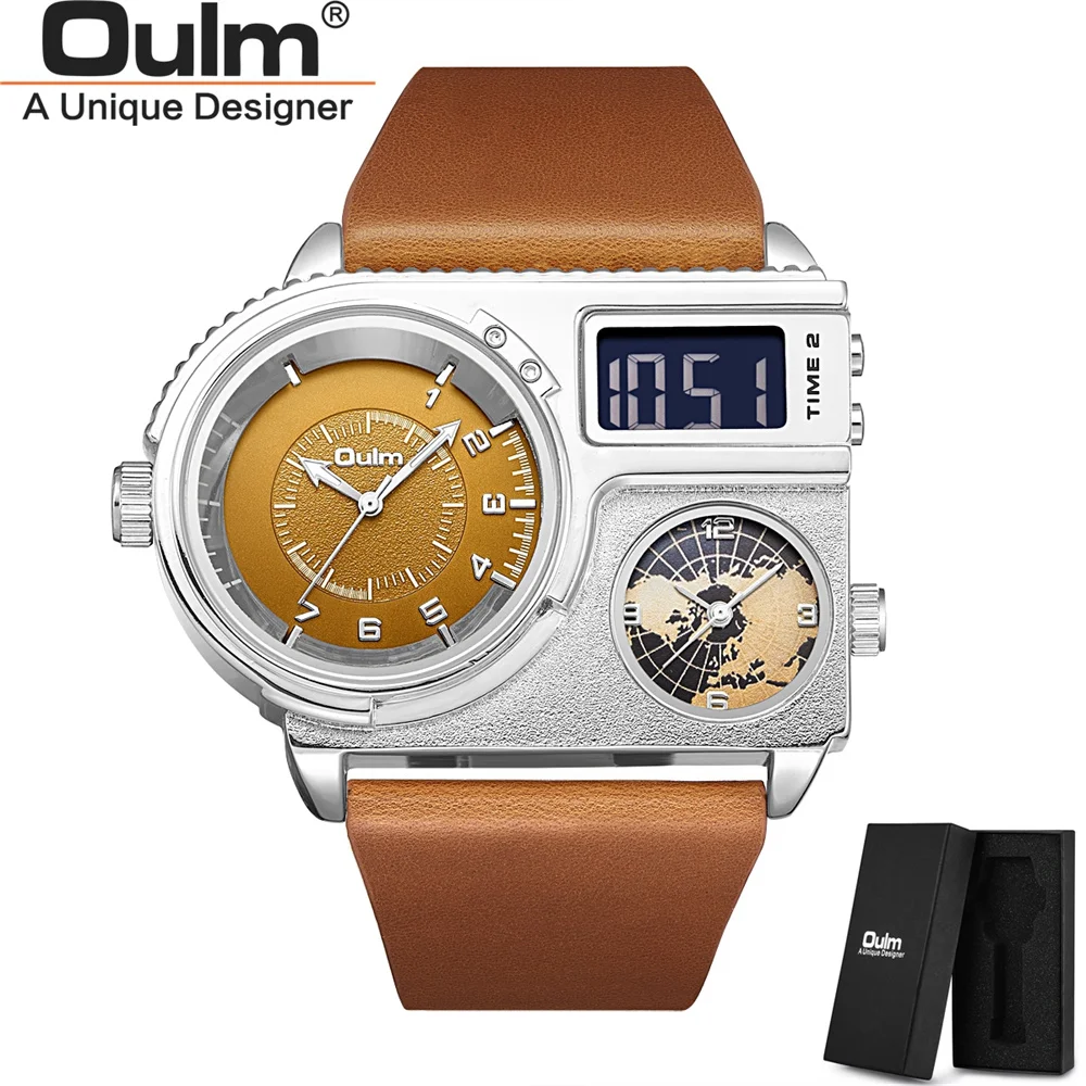 Oulm 5026 Big Dial Men Wristwatch Dual Display Quartz Clock Two Time Zone Luxury Watch Male Genuine Leather Wrist Watches 