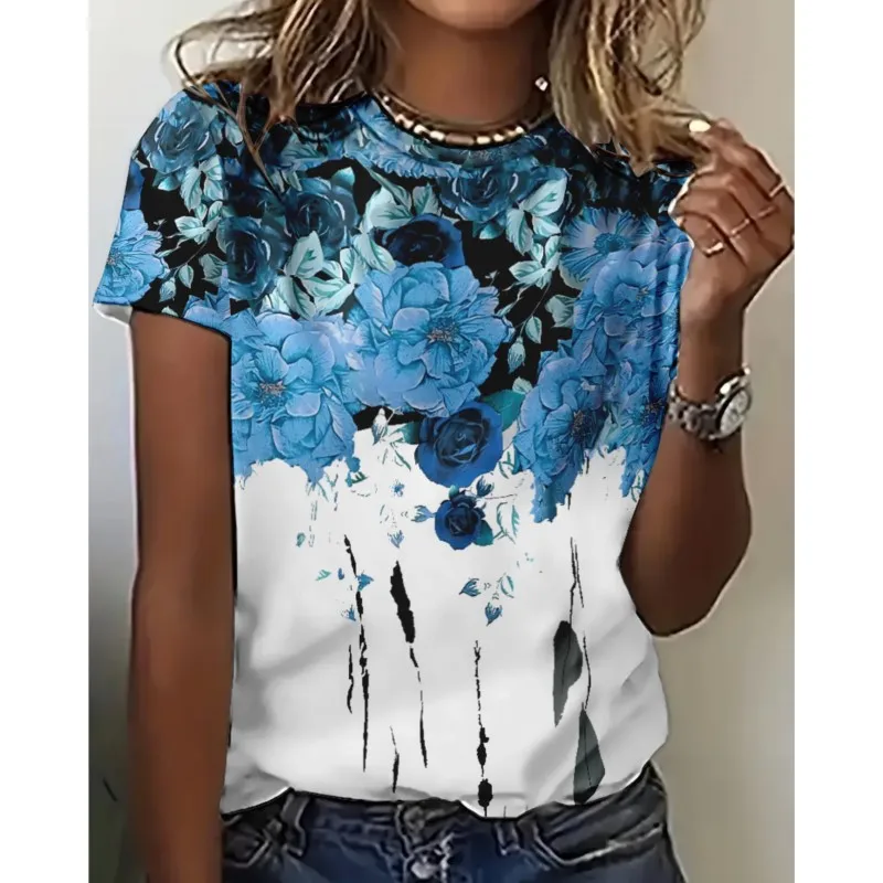 

2024 Summer Women's T shirt Tee Floral Casual Holiday 3d Prints Daily Short Sleeve Tops Fashion Round Neck t shirts for women
