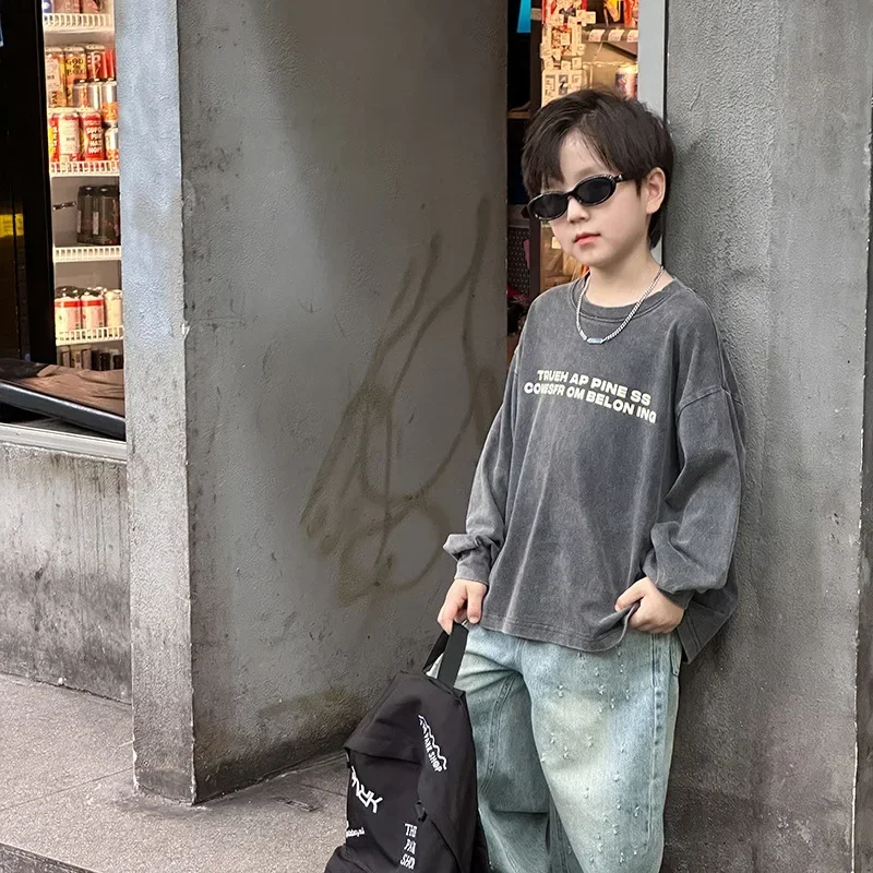 Children Clothing Fashion Retro Letter Printed Pullover Hoodie 2024 Autumn New Boys Handsome All Match Round Neck T Shirt 5