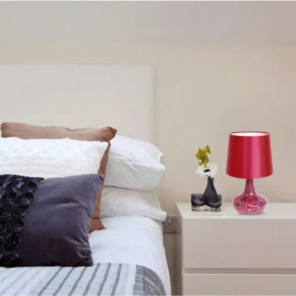 14.17 in. Mosaic Tiled Glass Genie Table Lamp with Satin Look Fabric Shade for Night Stands, Living Room, Office