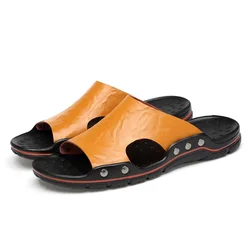 Men's Luxury Leather Sandals - Breathable Summer Beach & Indoor Slides - 45 (Yellow)
