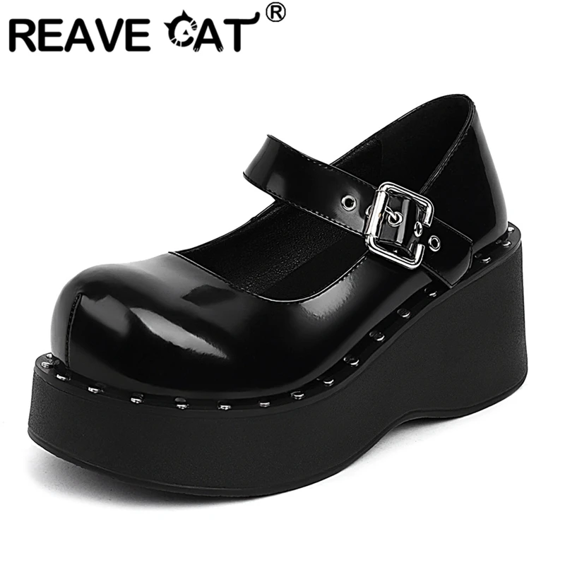 

REAVE CAT Girls Pumps Round Toe Wedges High Heel 6.5cm Platform Buckle Strap Big Size 41 42 43 School Student Daily Casual Shoes