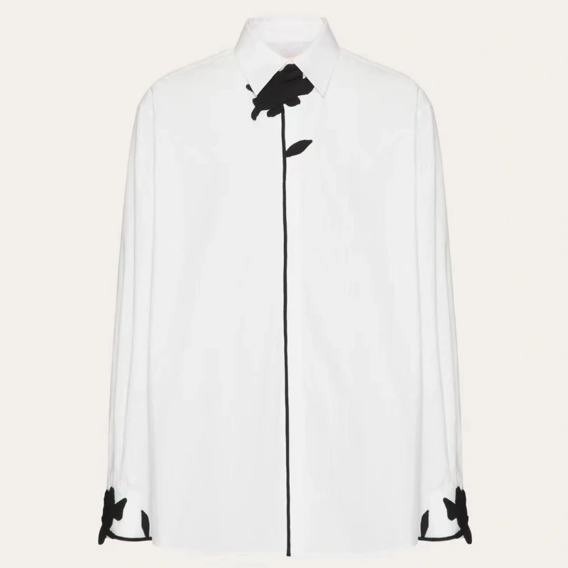 

Cotton 2024 Summer Office Lady White Long Sleeve Black Turn Down Collar Three Dimensional Hand Sewn Flowers Shirt Tops