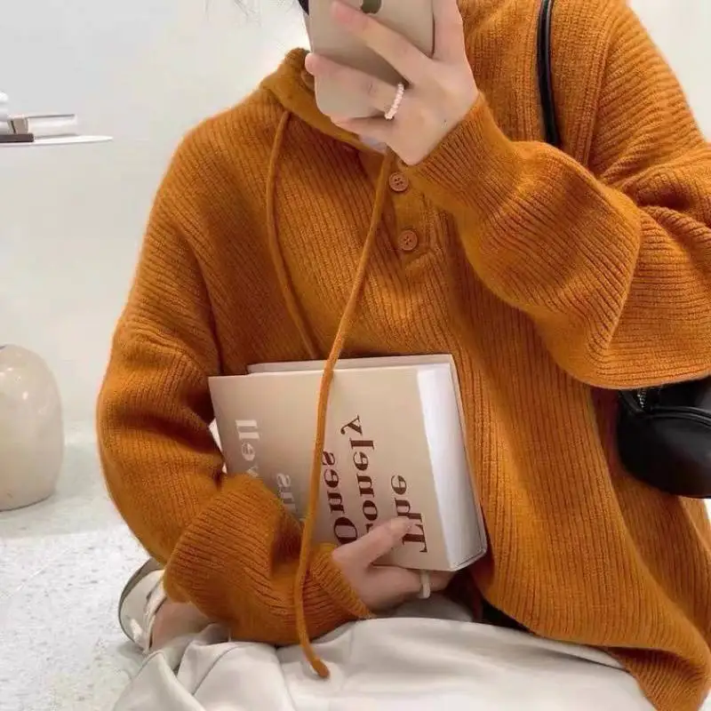 

New 2022 Women Pullover Hooded Sweater Autumn Winter Long Sleeve Drawstring Korean Simple Basic Cheap Jumper Solid Color Top