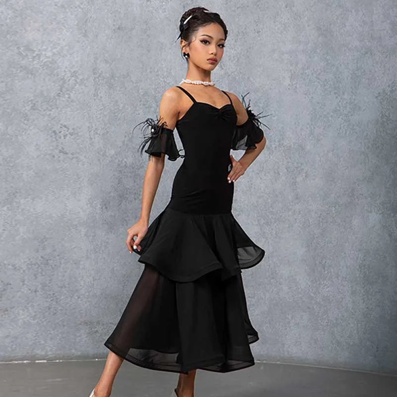 Girls Ballroom Dance Dress Wlatz Tango Modern Dance Competition Costume Chiffon Double Layer Skirt Hem Standard Dresses