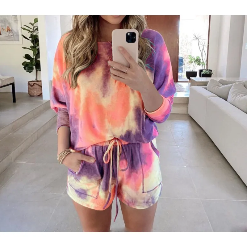 Casual Home Two Piece Set of Shorts for Women Female Clothing Summer Women's Fashion Tie Dye Printed Long Sleeved & Shorts Sets