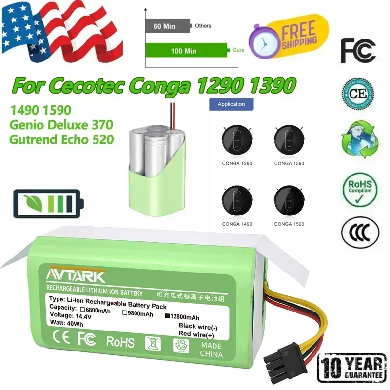 

14.4V 6800mAh 18650 Li-lon Battery for Cecotec Conga 1290 1390 1490 1590 Vacuum Cleaner Genio Deluxe 370 Gutrend Echo 520