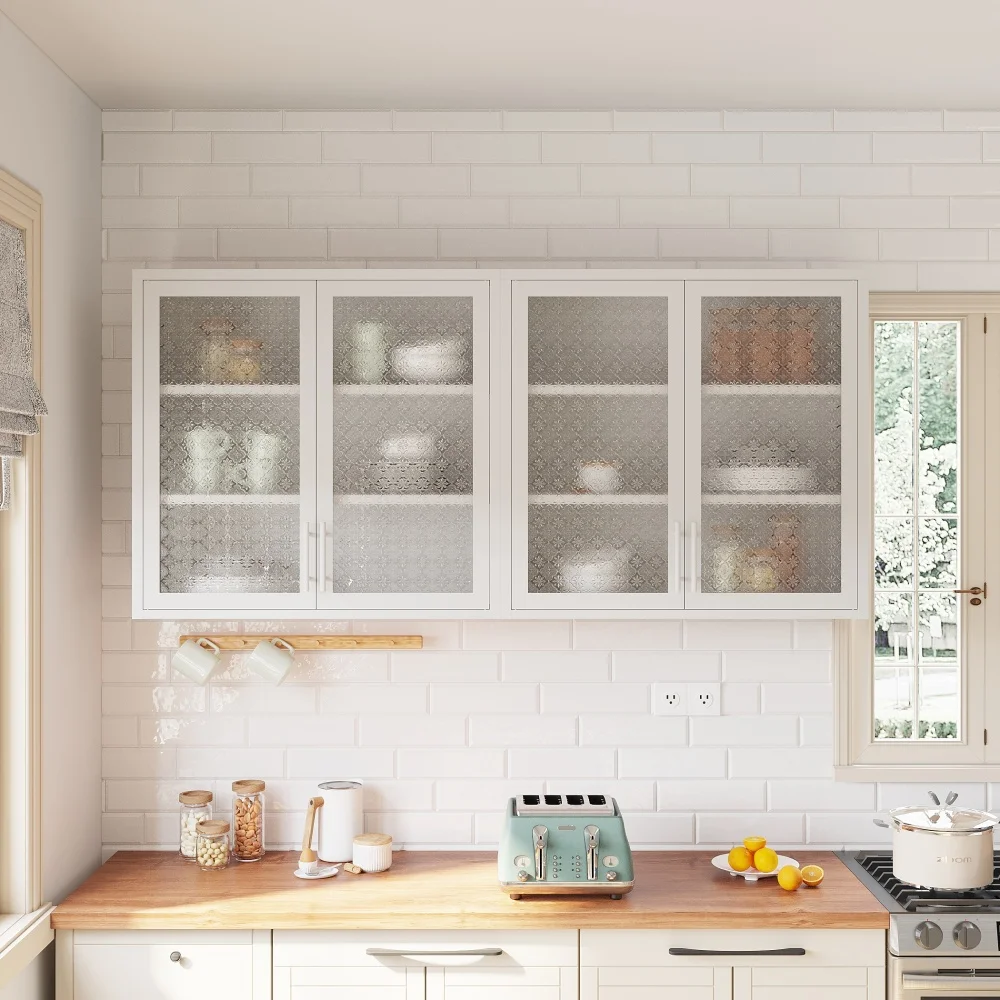 Retro Style Wall Mounted Cabinet Table-Top Storage Cabinet with Hazy Glass Doors and 2 Adjustable Shelves for Bathroom Kitchen L 3