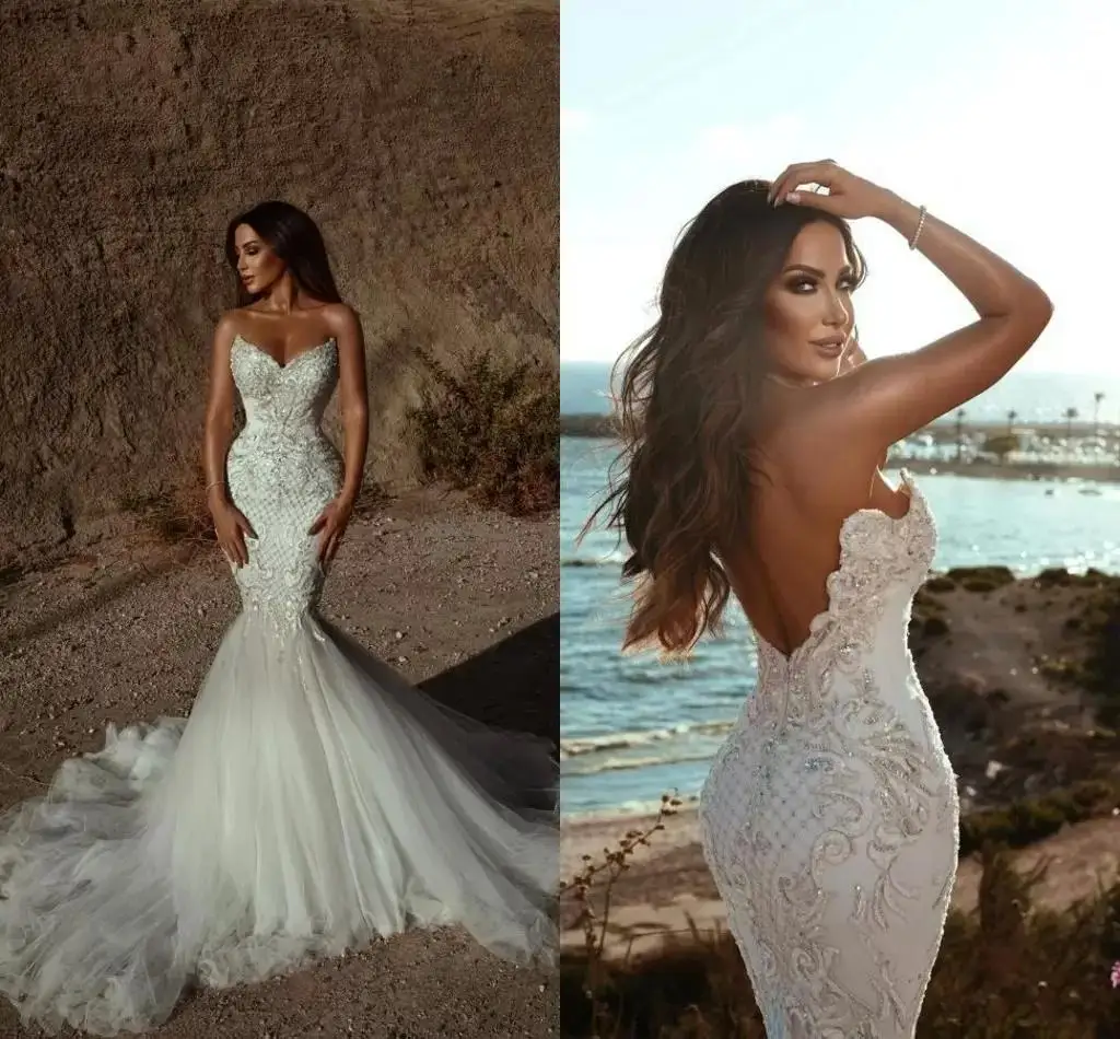 

Elegant Mermaid Wedding Dress V Neck Lace Appliques Strapless Sleeveless Sexy Embroidery Bridal Gowns Robe De Mariée Plus Size