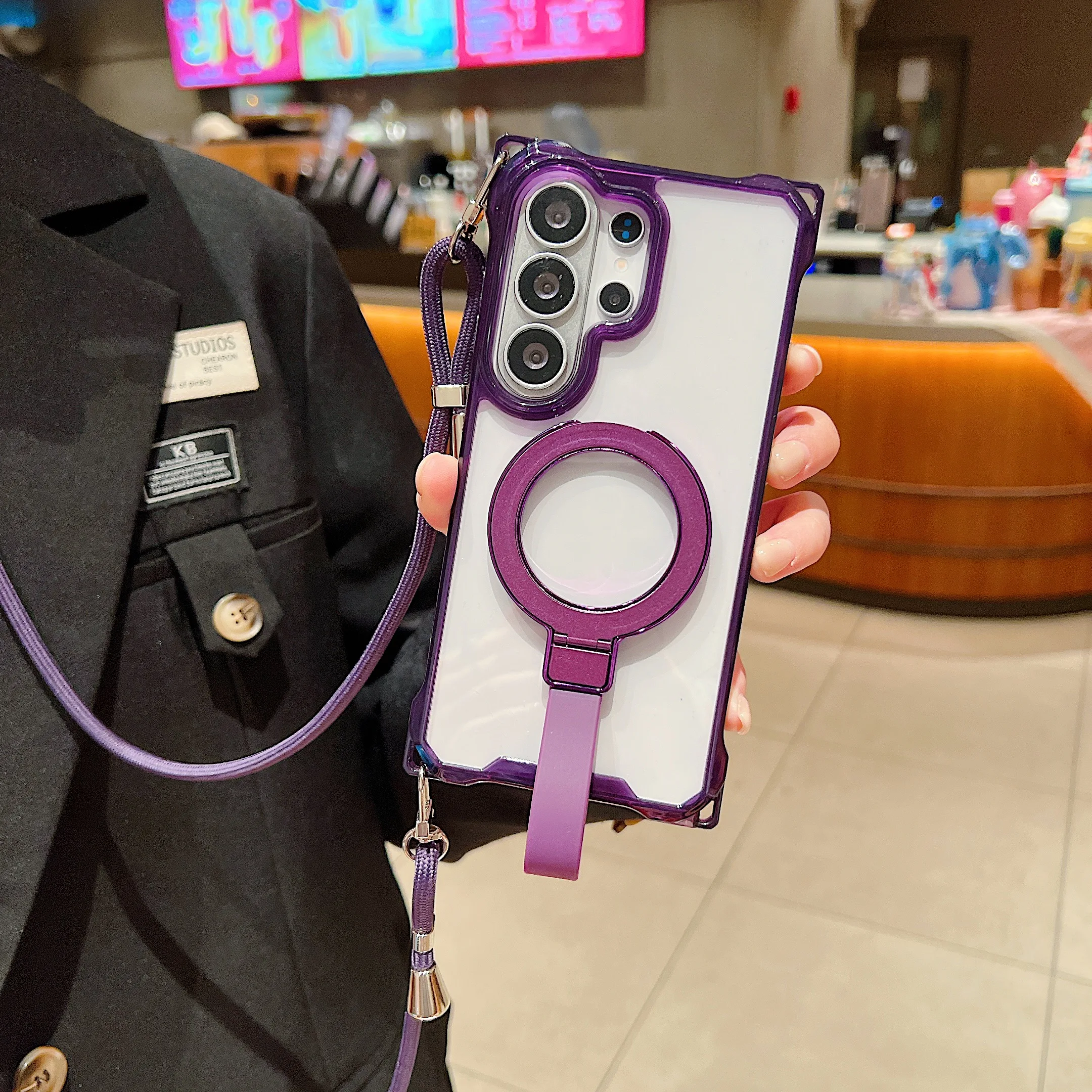 Luxury Armor Phone Case with Magnetic Bracket and Crossbody Strap Lanyard