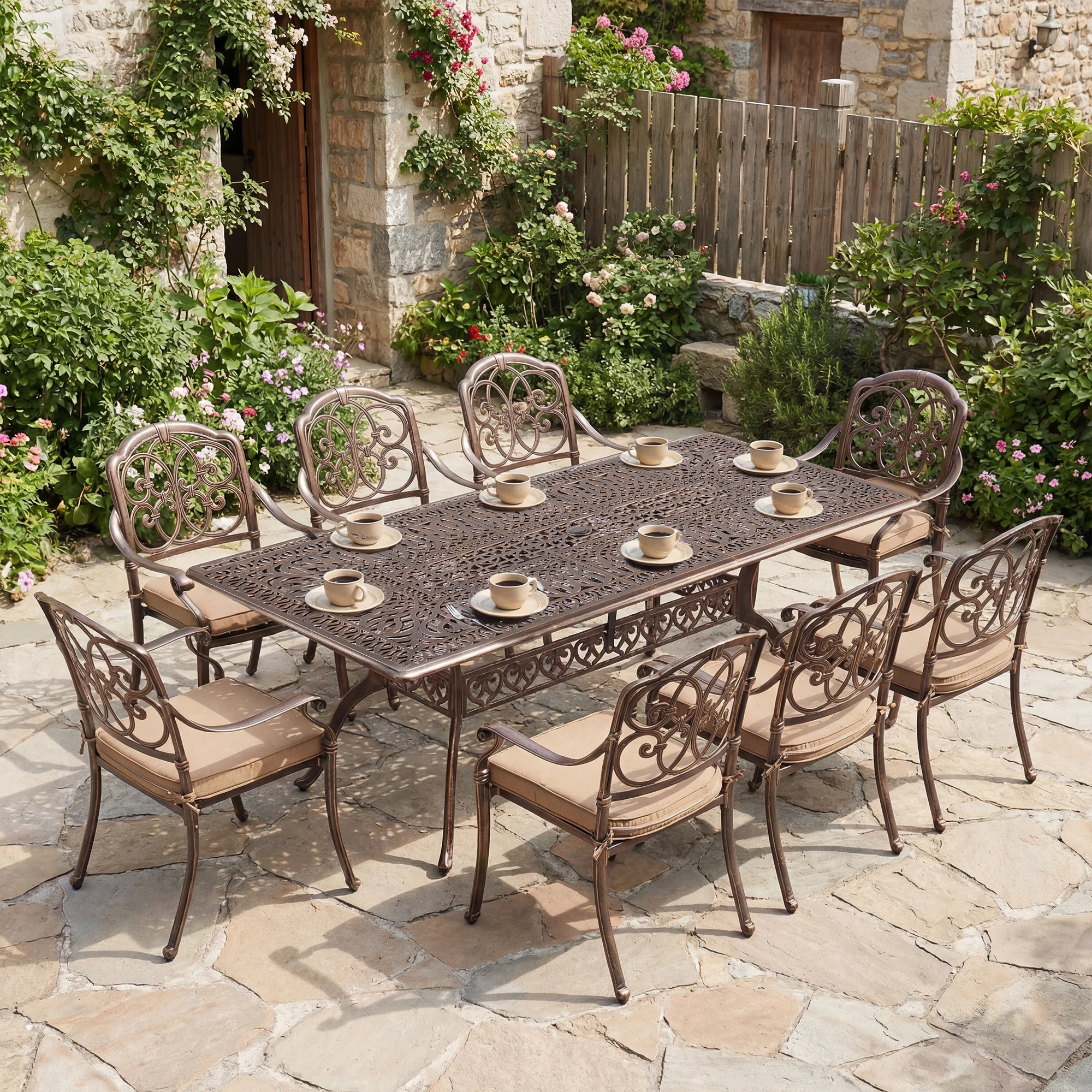 9-Piece Outdoor Patio Dining Set for 8 with Umbrella Hole, 86.6" Oval Cast Aluminum All-Weather Outdoor Table and Chairs with Cu