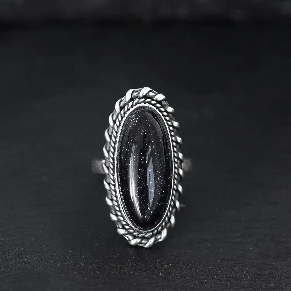 925 Sterling Silver Ring Jewelry Vintage Blue Sandstone Large Stone Luxury Elegant Ring Fine Gift Rings for Women Men