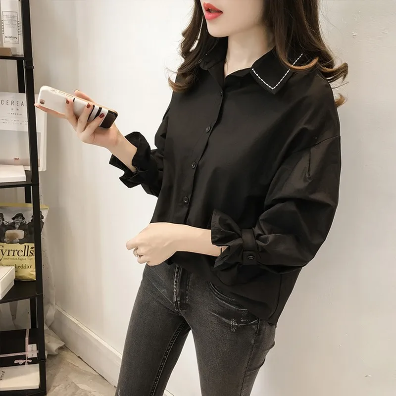 

Fashion Lapel Korean Flare Sleeve Shirt Women's Clothing 2022 Autumn New Oversized Casual Tops All-match Office Lady Blouse