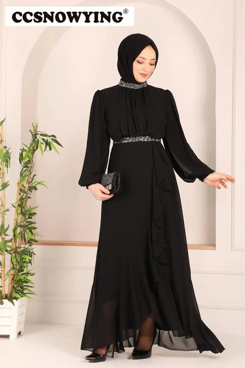 

Черные шифоновые вечерние платья с длинным рукавом в мусульманском стиле с высоким воротом, исламский хиджаб, бальное платье для выпускного вечера, официального мероприятия, Арабский Дубай, вечернее платье