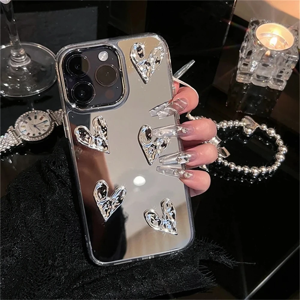 Stylish 3D Love Heart Bracelet Phone Case with Silvery Mirror Finish