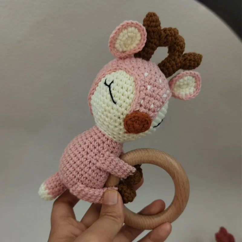 1pc BPA Free DIY Crochet Elk Fox Baby Teether Wooden Teether Ring Rattle Newborn Teething Nursing Soother Molar Educational Toys 4