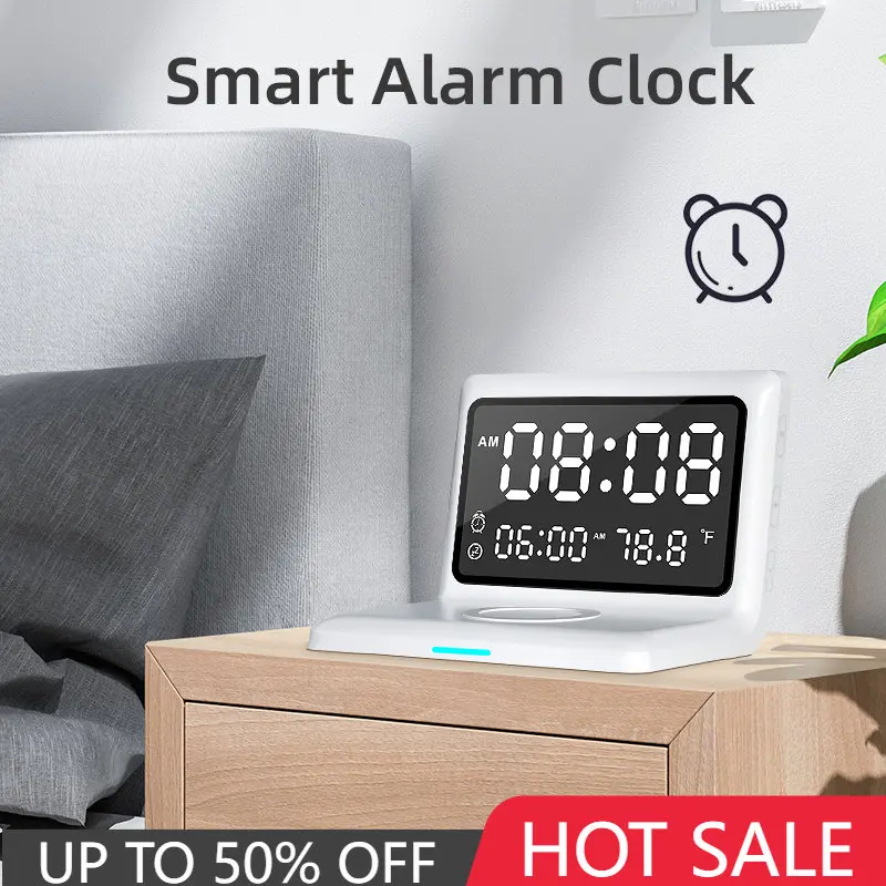 Electric LED Alarm Clock With Phone 15W QI Wireless Charger Desktop