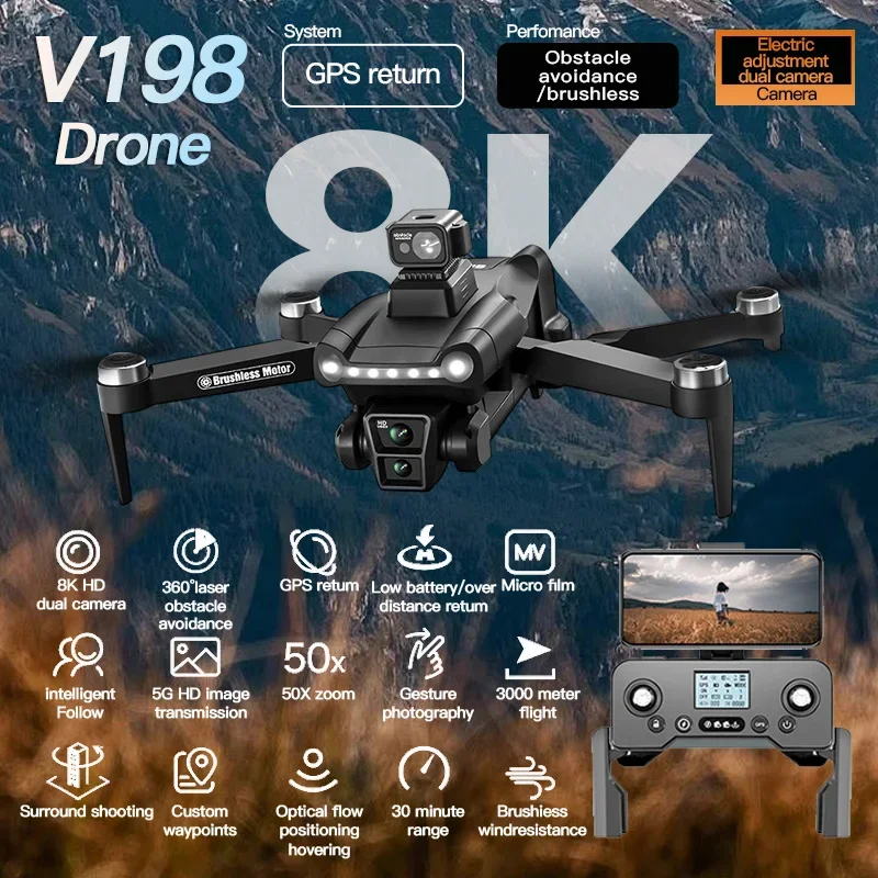 For Xiaomi V198GPS Drone ESC 8K Profesional HD Camera Brushless Obstacle Avoidance Aerial Optical Foldable Quadcopter Drone