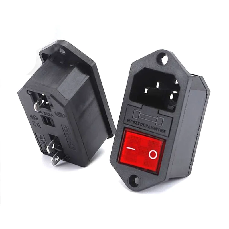 IEC 320 C13 C14 AC Inlet Power Plug Socket 250V 10A Fuse Red Lamp Rocker Switch Rewirable 3 Pin Electrical Male Female Connector