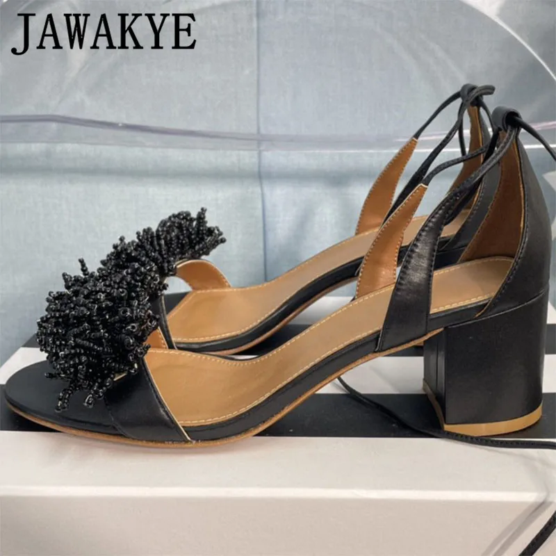 

Summer Novel Ankle Strap High Heel Sandals Women Brand Designer Square Heel Fringed Ethnic Style Shoes Ladies Dance Party Shoes