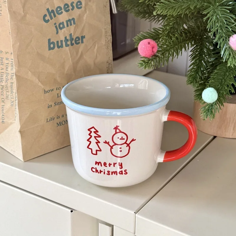 Ins Style Winter Snowman Ceramic Mug Breakfast Milk Cup Couple Commemorative Cute Pattern Creative Suitable for Giving Friends