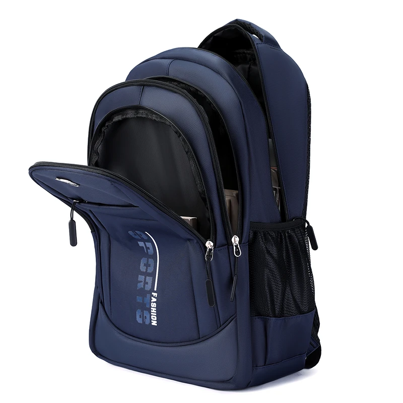 Large-capacity leisure backpack with multiple pockets, adjustable shoulder strap, zipper closure, and polyester lining, suitable