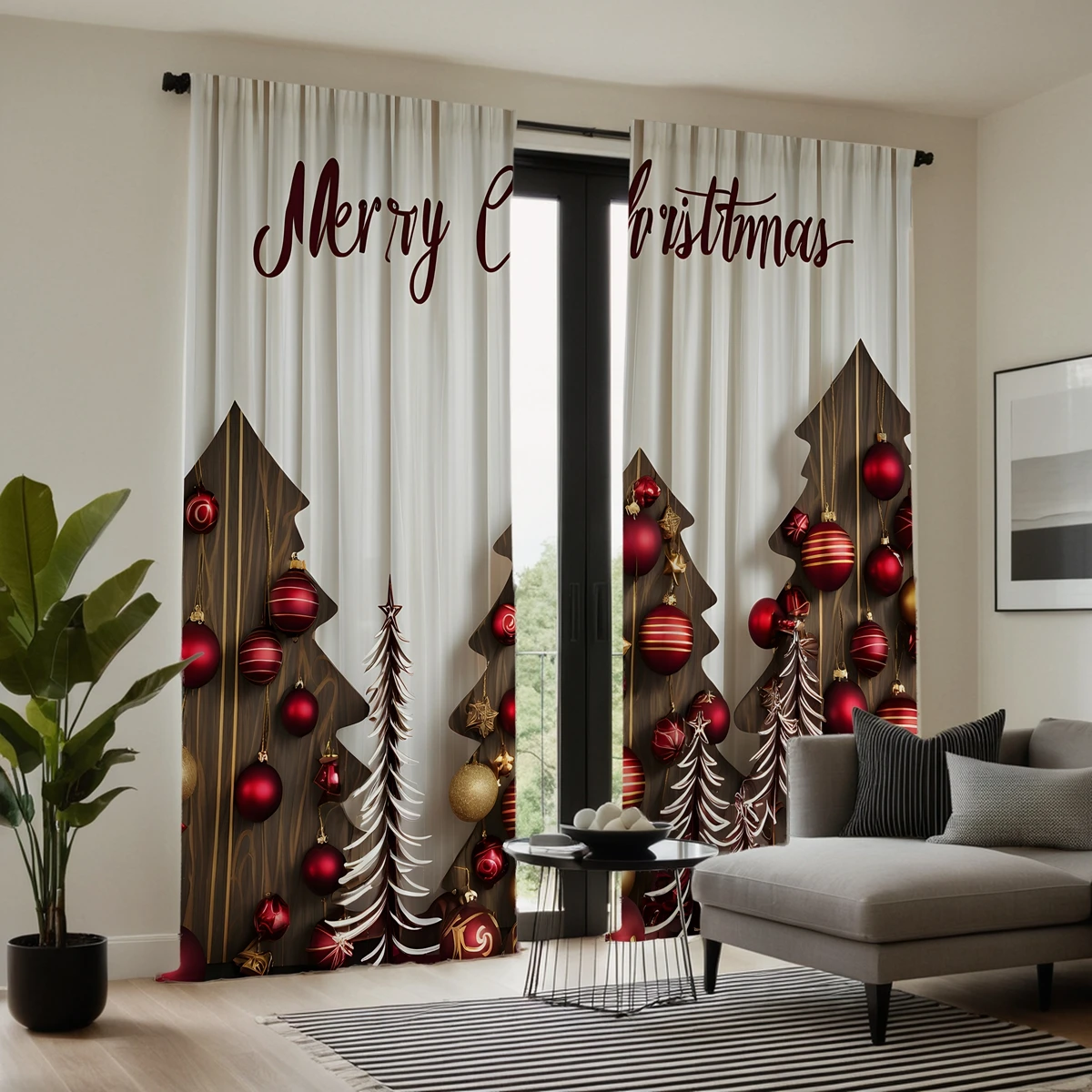 2-piece HD digital red tie Christmas ball Christmas tree curtain Home decoration style decoration living room bedroom wear rod c 4