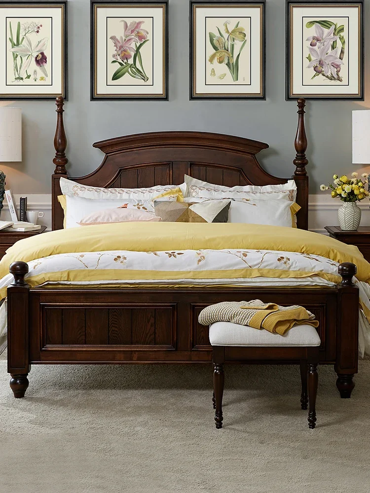 

Bed Solid Wood Master Bedroom Light Luxury Big Bed Vintage Furniture Pillars Bed Marriage Bed Princess Bed Bedroom Double Bed