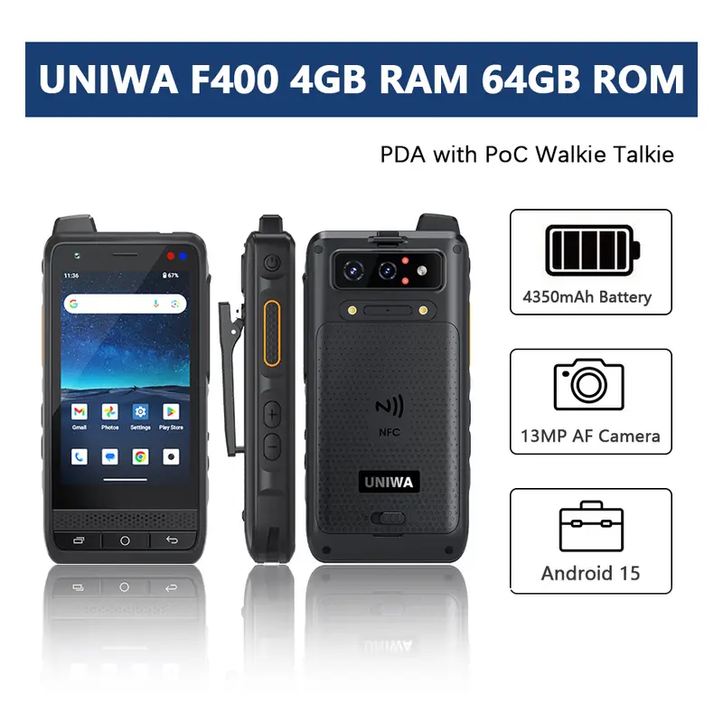 UNIWA F400 Rugged PDA with PoC Walkie Talkie Zello IP65 Smartphone Android 15 4350mAh 4.0 Inch 4G Global Range Walkie Talkie NFC - Image 7