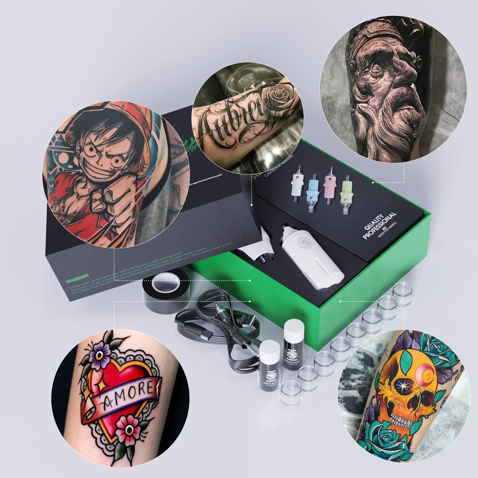 Dragonhawk Series Mini Pro Rotary Tattoo Machine Kit Pen Wireless Battery Permanent Makeup Needles Ink Set Tattoo Supplies tattoo supplies tattoo kit tattoo needles