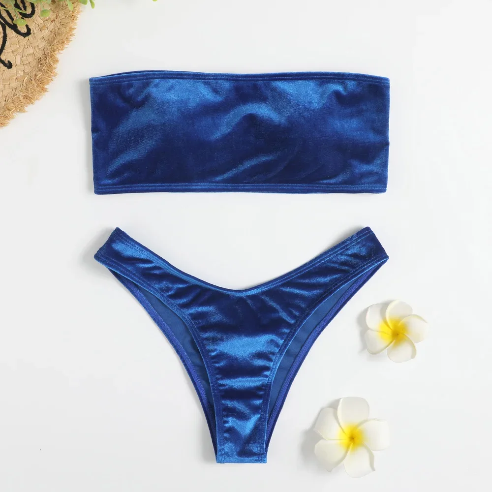 

Velvet Bikinis 2024 Women Brazilian Bandeau Swimsuit Solid Sexy Swimwear Female Beachwear Bathers Bathing Swimming Swim Suit