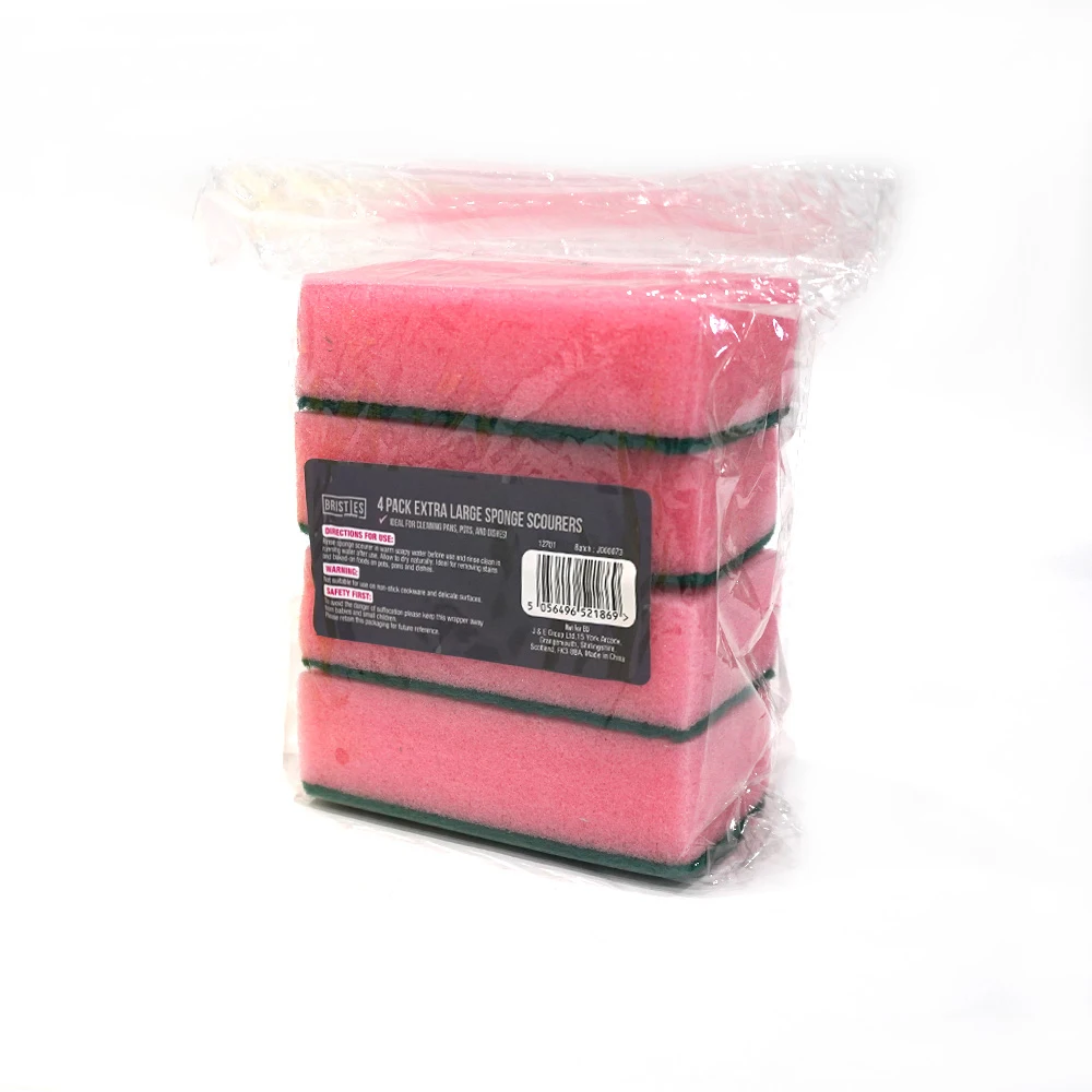 Extra Large Sponge Scourers 4PK, Heavy-Duty Dual-Sided Cleaning Sponges for Kitchen and Bathroom, Pink