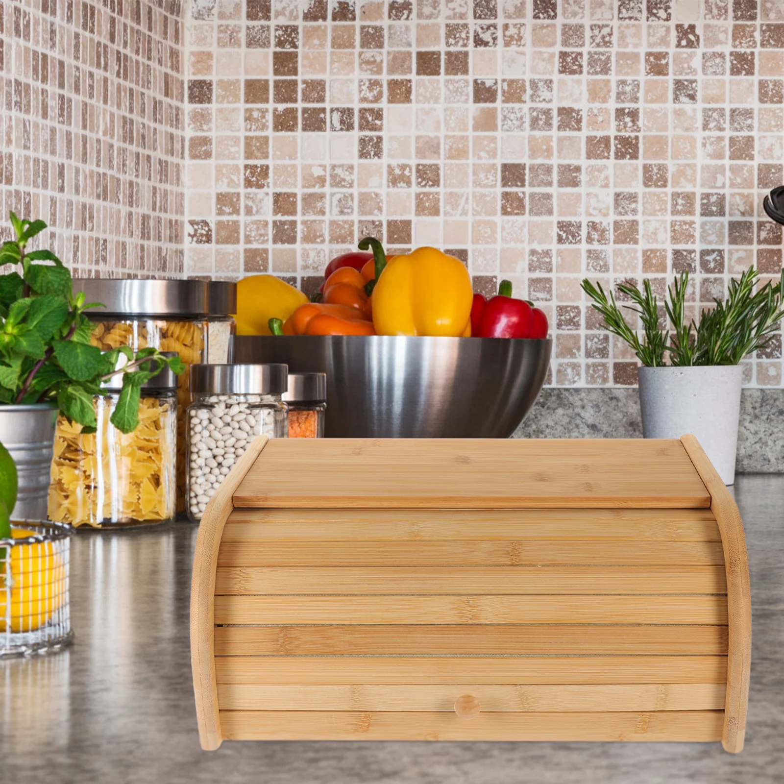 

Wood Bread Box Roll Top Breadbox Bread Storage Container Kitchen Counter Organizer