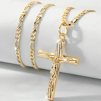 14K Gold Plated Cross Pendant Necklace Hip-Hop Minimalist Sacred Jewelry Holiday Prayer Blessing Fashion Accessory for Men Women 1
