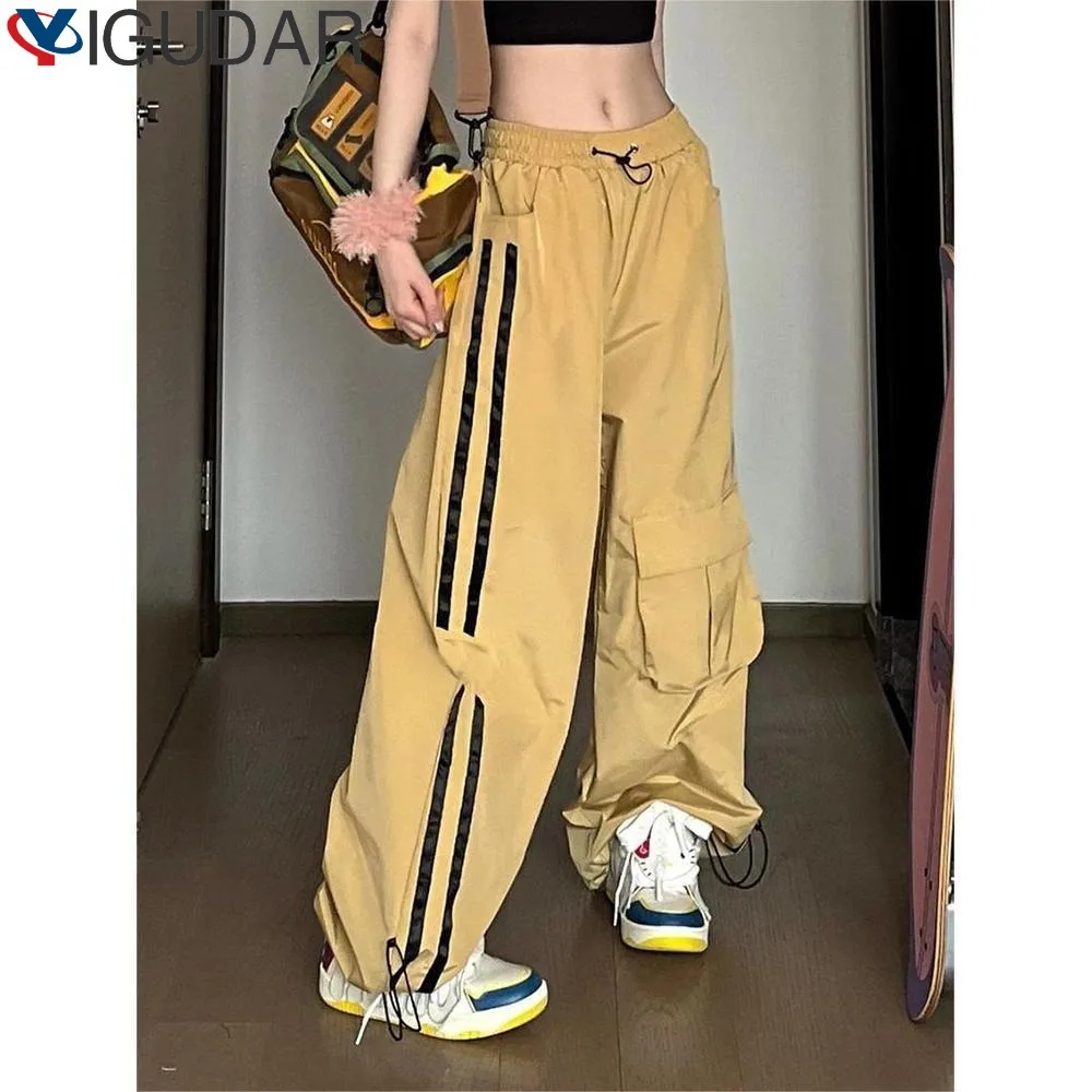 

Harajuku Striped Casual Pants Women Y2K Sports Pants American Retro Street Wide-leg Pants Women High Waist Loose Overalls Women