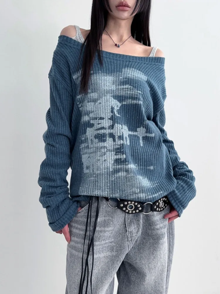 Autumn Harajuku Women Vintage Print Tees Streetwear Grunge Skew Collar Graphic Tshirt Y2k Aesthetic Casual Hiphop Grunge Top 2