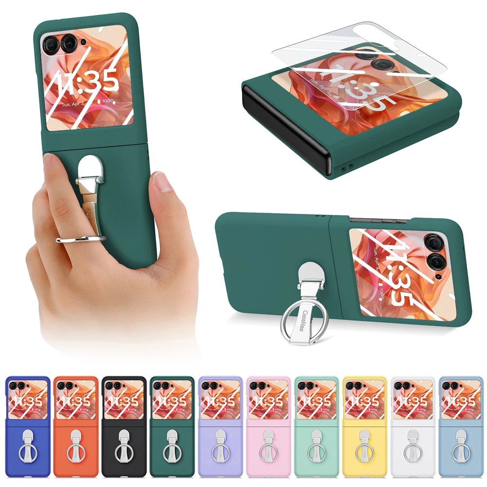 Candy Color Phone Case with Glass Film and Metal Rotatable Bracket Cover