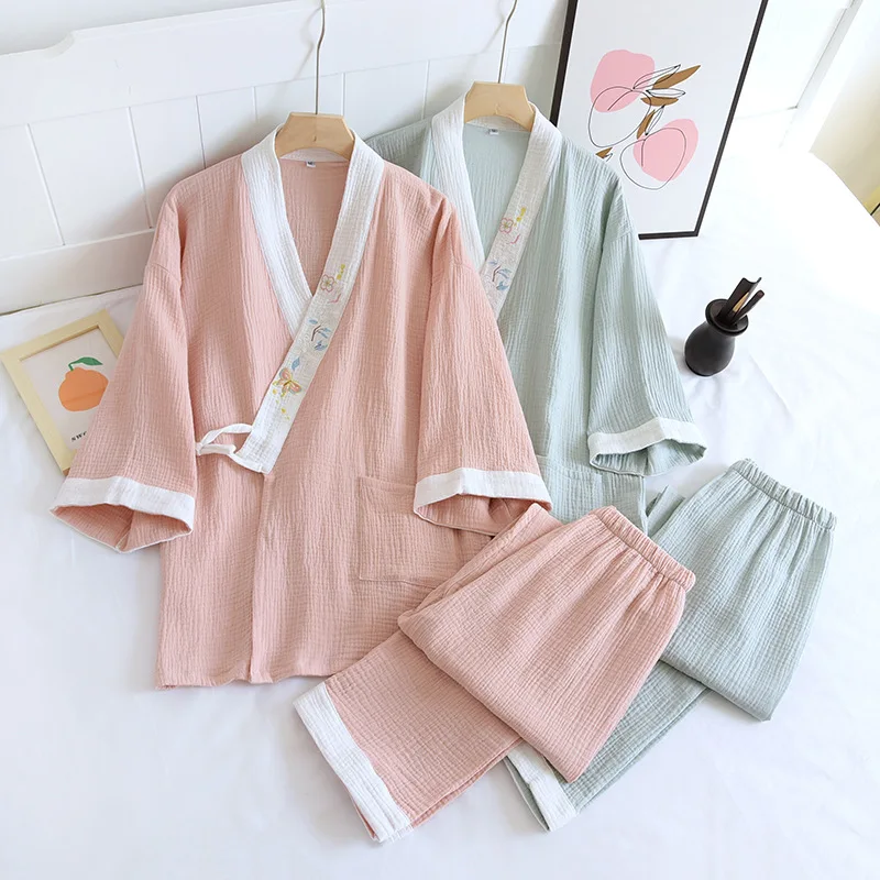 

Spring and summer new Japanese kimono set ladies 100%cotton crepe solid color pajamas three-quarter sleeves + trousers home wear