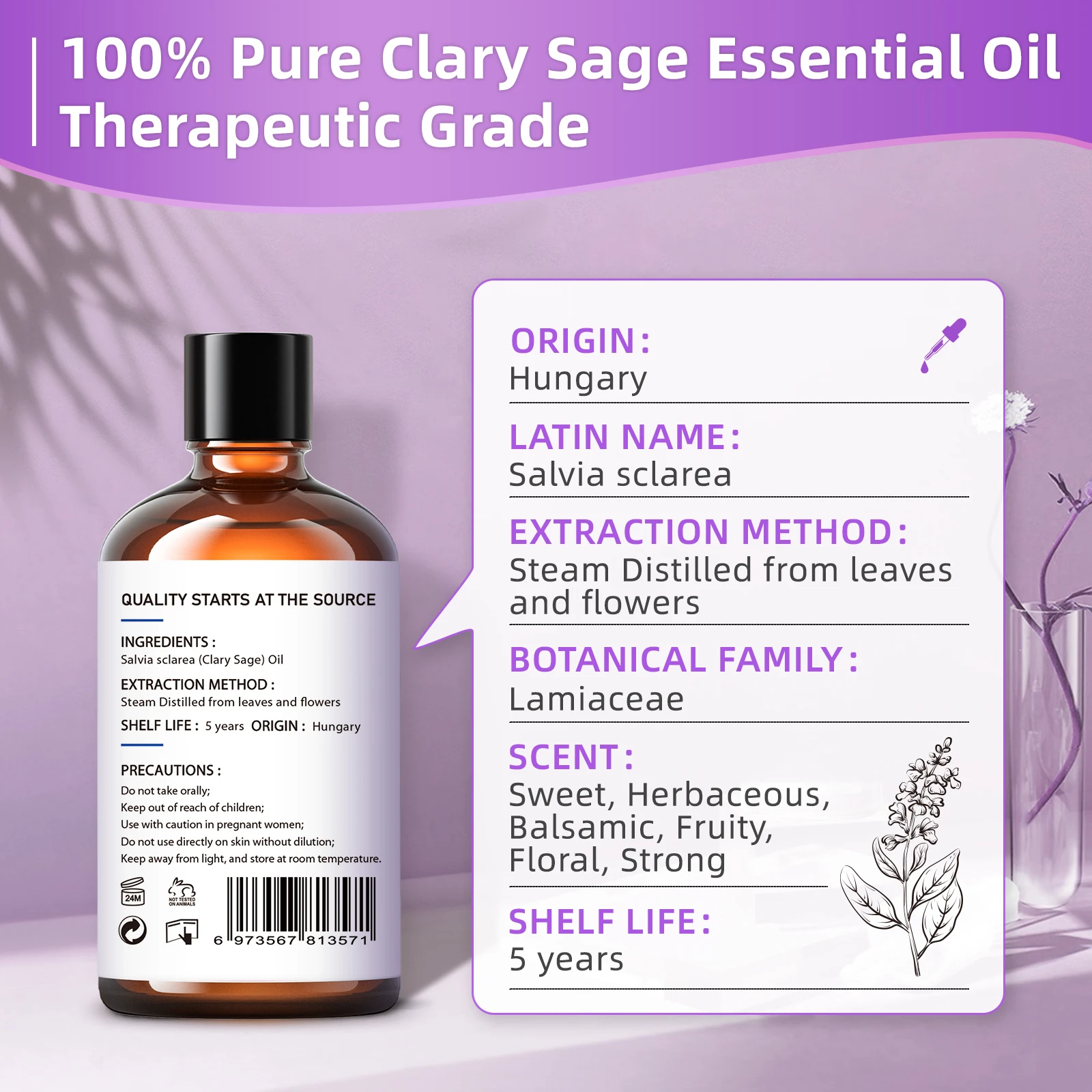 HIQILI 100ML Clary Sage Essential Oils for Diffuser Humidifier Candle Making Massage Aromatherapy 100% Pure Natural Aroma Oil