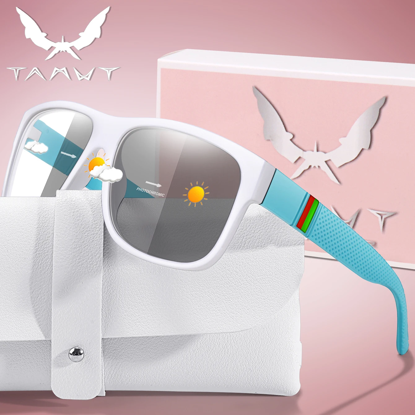 Classic Square Photochromic Cycling Sunglasses for Men Women with Case