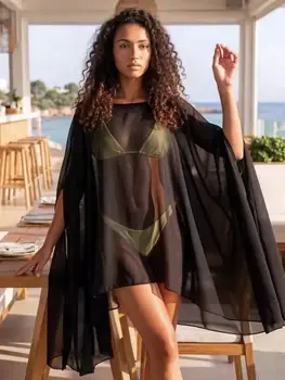 Women Mesh Sheer Cover-ups Split Bat Sleeve Irregular Hem Loose Poncho Casual Sexy Beach Club See Through Tops 1