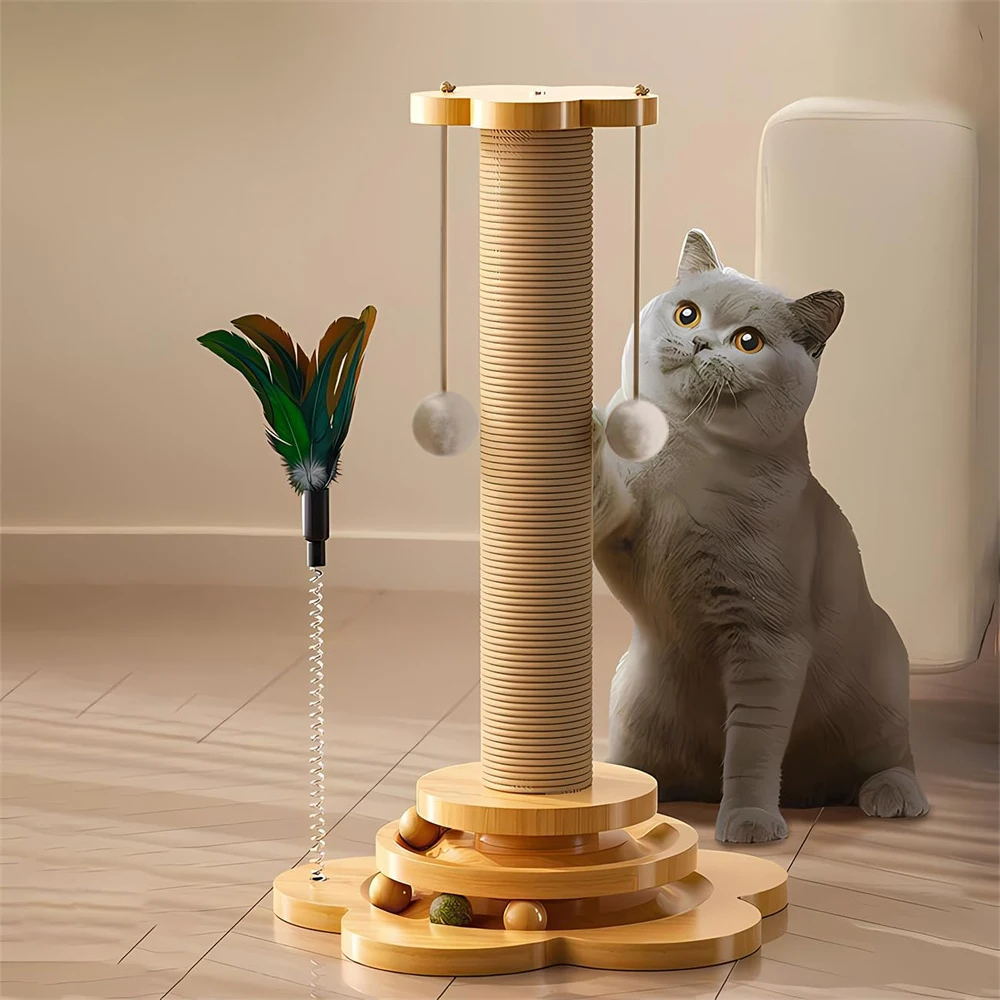 Pet Cat Toy Solid Wood Cat Turntable Funny Stick Balls Durable Sisal Scratching Board Supplies Grab Column cat toy cat scratch board
