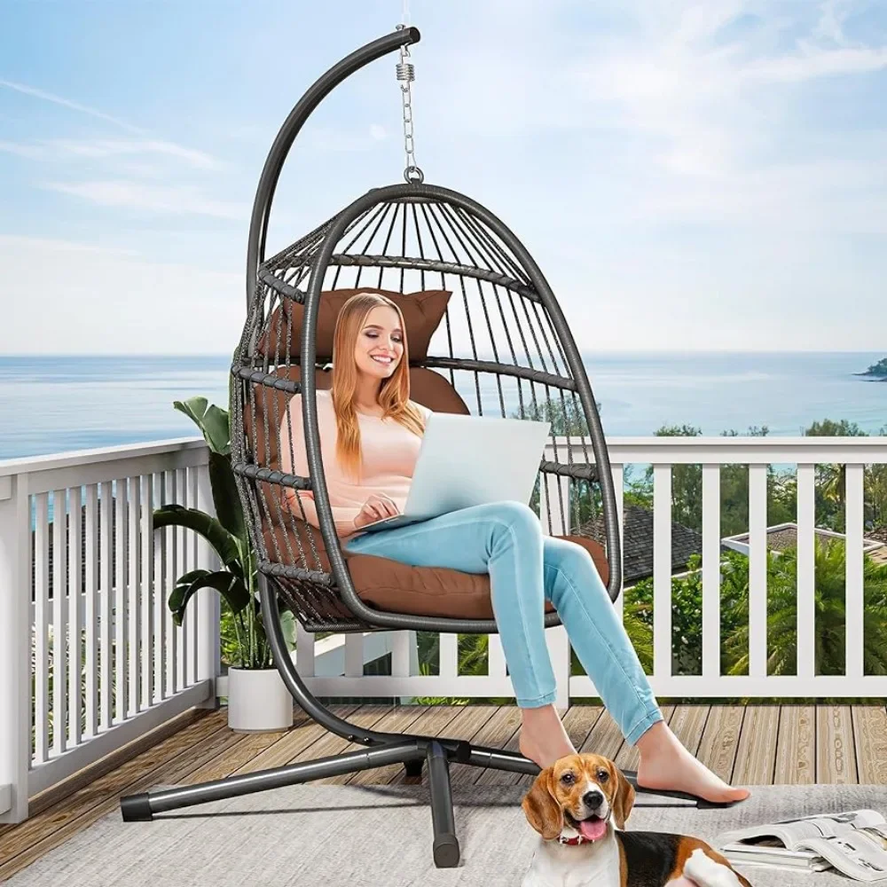 

Egg Hanging Swing Chair Indoor Outdoor Wicker Hammock Indoor with Steel Stand UV Resistant Cushion 330lbs for Patio,Garden,Brown