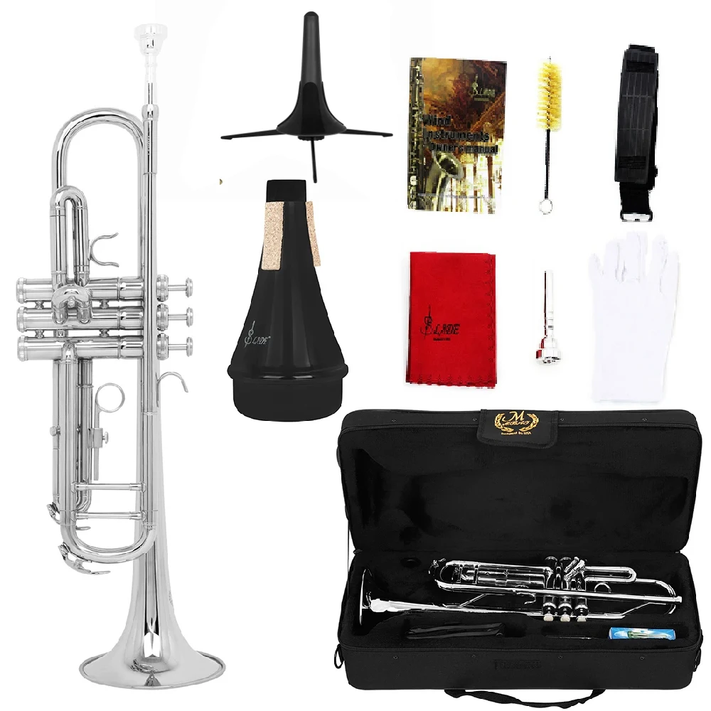 

M MBAT Trumpet Bb B Flat Brass Silver-Painted Exquisite Durable Musical Instrument with Mouthpiece Gloves Strap Case