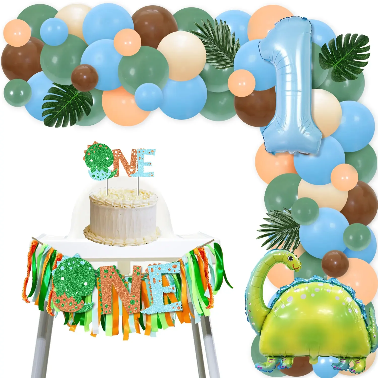 

Dinosaur 1st Birthday Decorations for Boys Girls Blue Green Balloon Arch Kit Dinosaur One Highchair Banner Cake Topper Set