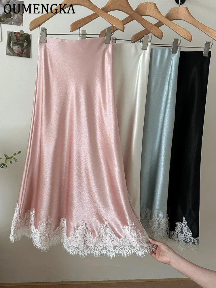 OUMENGKA Summer French Elegant Satin Mermaid Skirt Women Lace Patchwork Waist Elastic Long A-line Skirts Fashion Ladies 12 Sbe3f9cb072c74229b459f02620a3ce81y