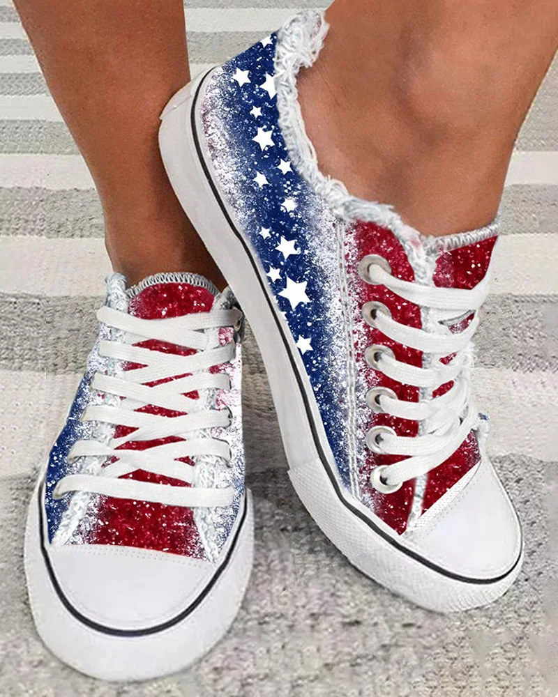 

Women Casual Fashion Flat Sport Wear Independence Day Flag Print Raw Hem Canvas Sneakers
