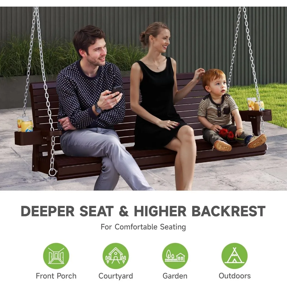 Front Porch Swing,  Wooden Upgraded 3 Person Seat Bench Swing Hanging Chair with Cup Holders 6