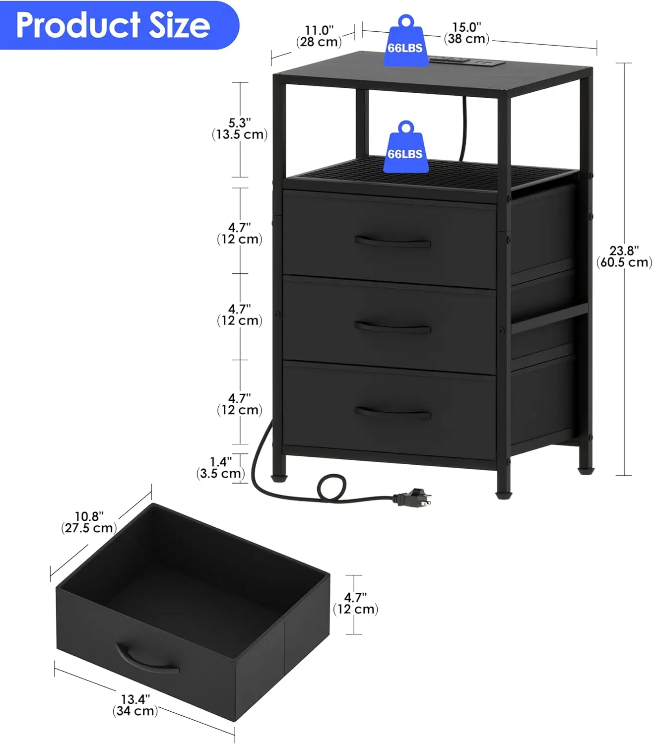Modern LED Nightstand with Charging Station, Fabric Drawers, and Open Shelf for Bedroom in Black