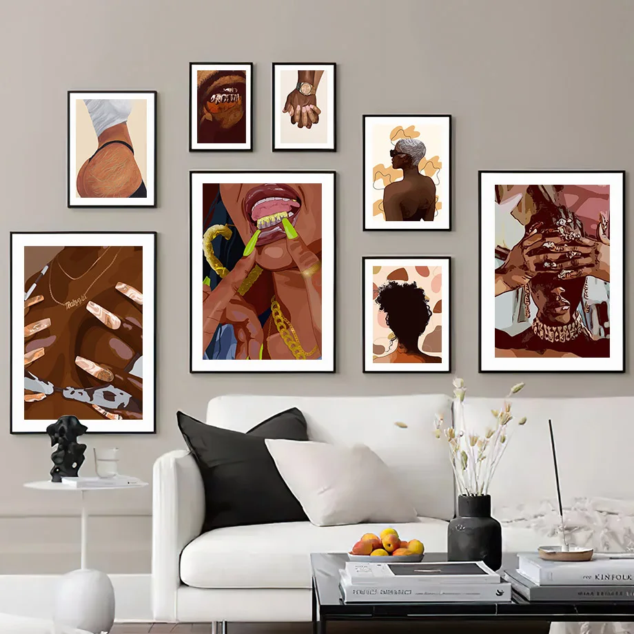 WallArtCanvasPaintingDiamondToothJewelryFashionBlackGirlPop